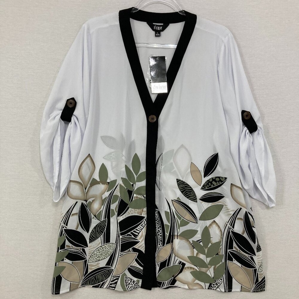New Investments Large Black White Leaf Print V Neck Stretch Knit Button Up Tunic